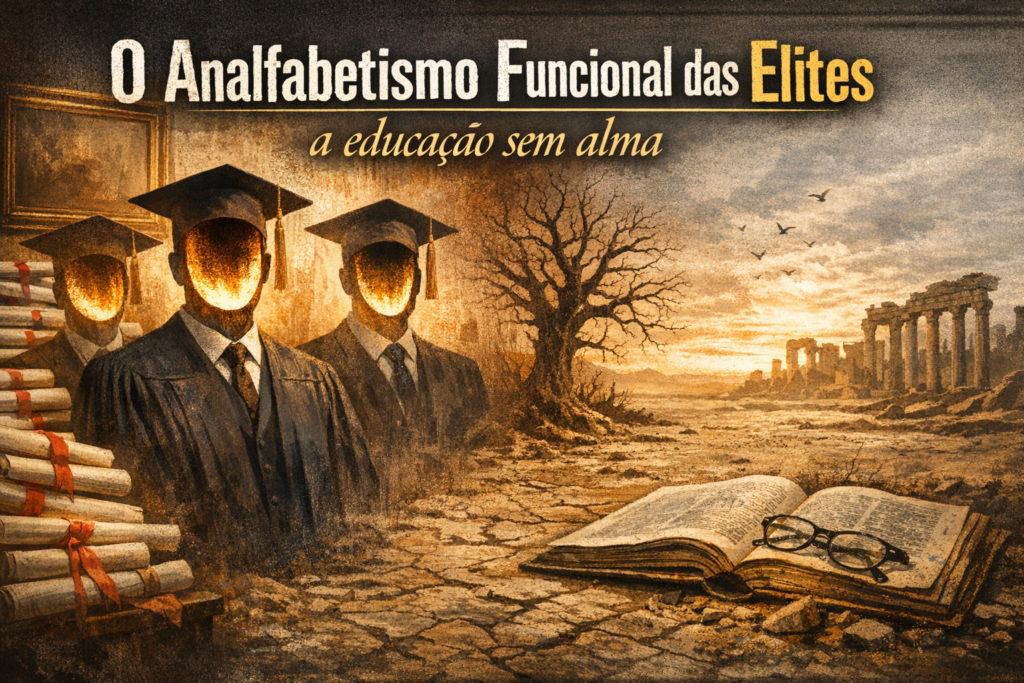Reflexão sobre o analfabetismo funcional das elites e o impacto da educação utilitarista na sociedade moderna.
