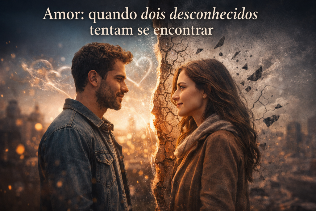 Dois desconhecidos se encontrando simbolizando amor, ilusão e autoconhecimento nas relações humanas