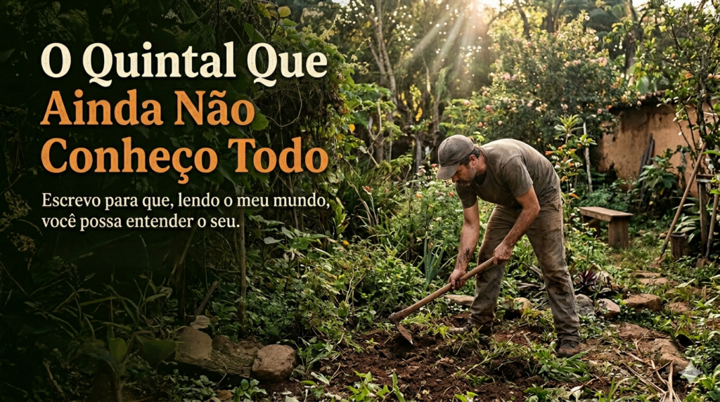Homem observando o próprio quintal ao amanhecer, em reflexão sobre propósito e autoconhecimento.