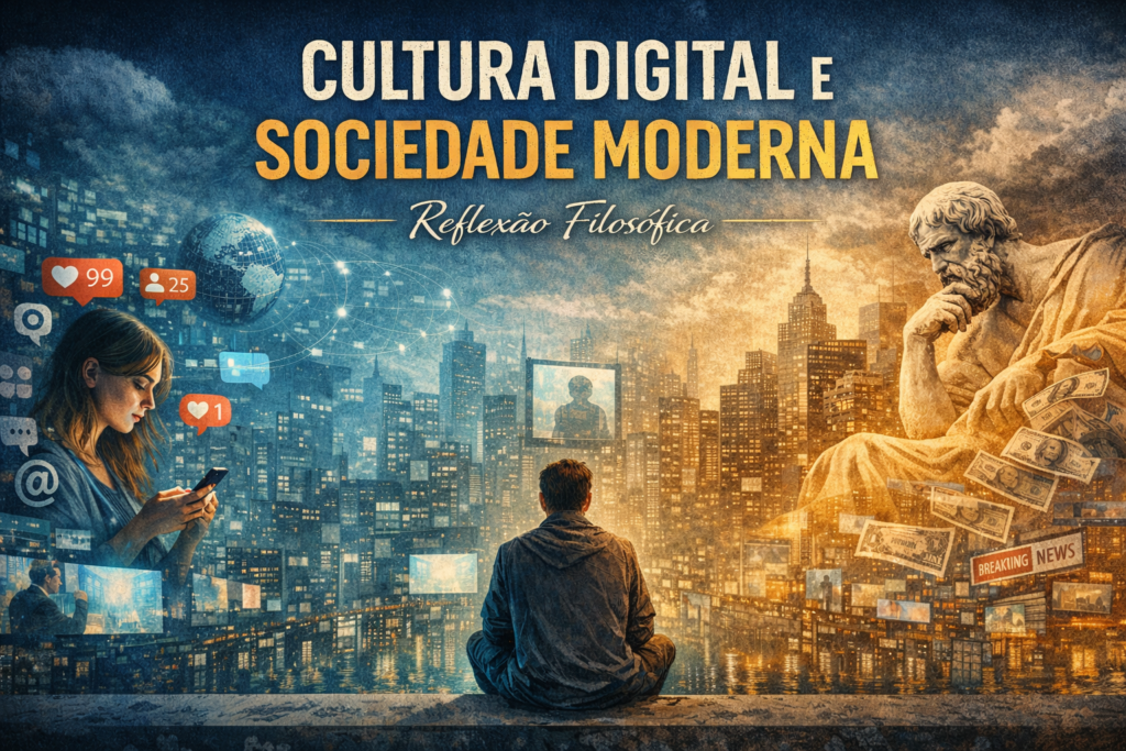 Ilustração sobre cultura digital, alienação e reflexão filosófica sobre a sociedade moderna