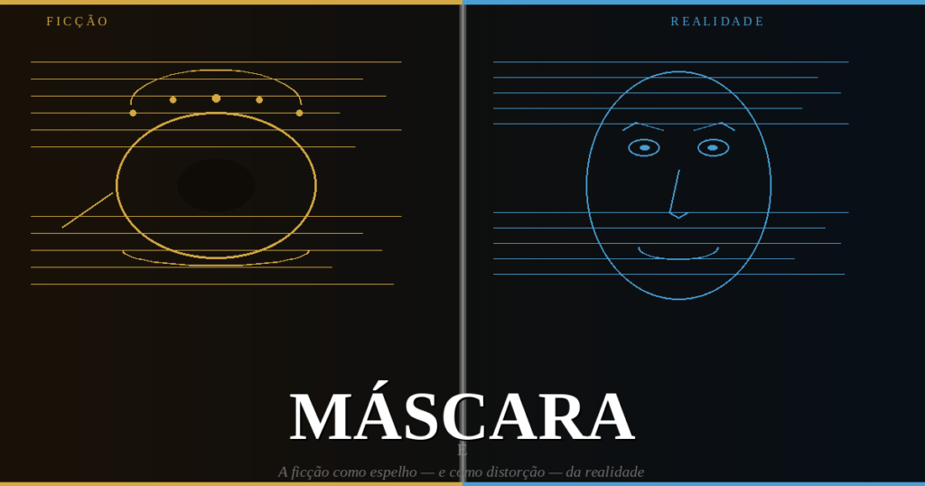Máscara teatral sobre fundo fragmentado entre texto impresso e página em branco, representando a tensão entre ficção e realidade