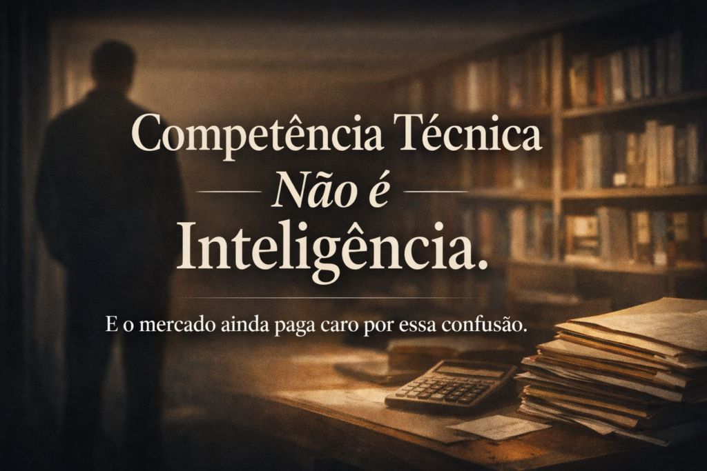 “Competência técnica não é inteligência: cena de escritório com livros e ambiente intelectual em tom dramático”