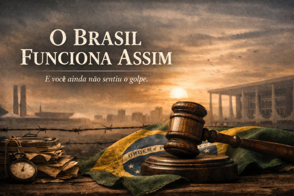 Homem servindo comida a uma fila de pessoas em cenário sombrio, simbolizando escassez controlada, desigualdade e funcionamento estrutural do sistema no Brasil.